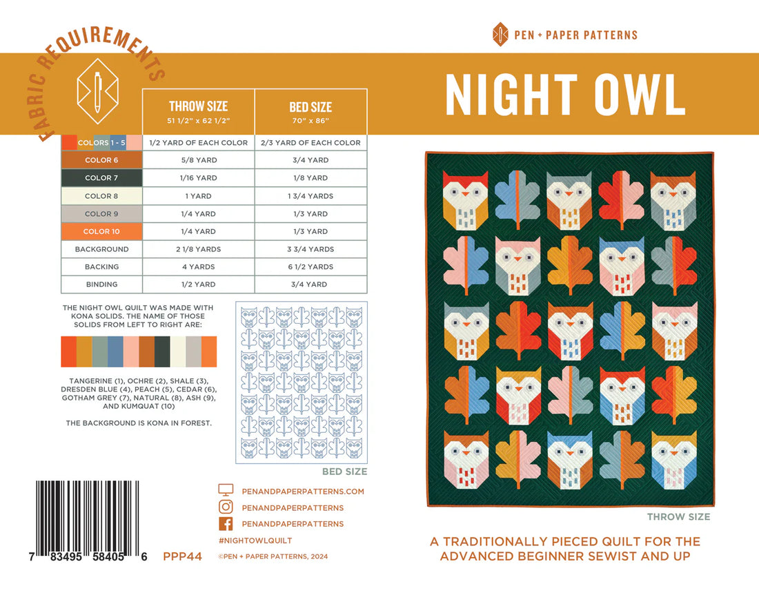 Night Owl Quilt Paper Pattern - Pen &amp; Paper Patterns