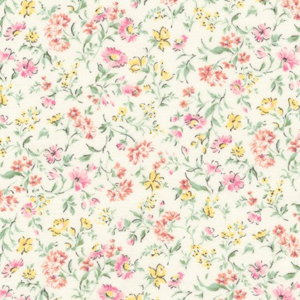 Fabric swatch with yellow, pink and red flowers; and green leaves; on a creamy white background