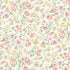 Fabric swatch with yellow, pink and red flowers; and green leaves; on a creamy white background