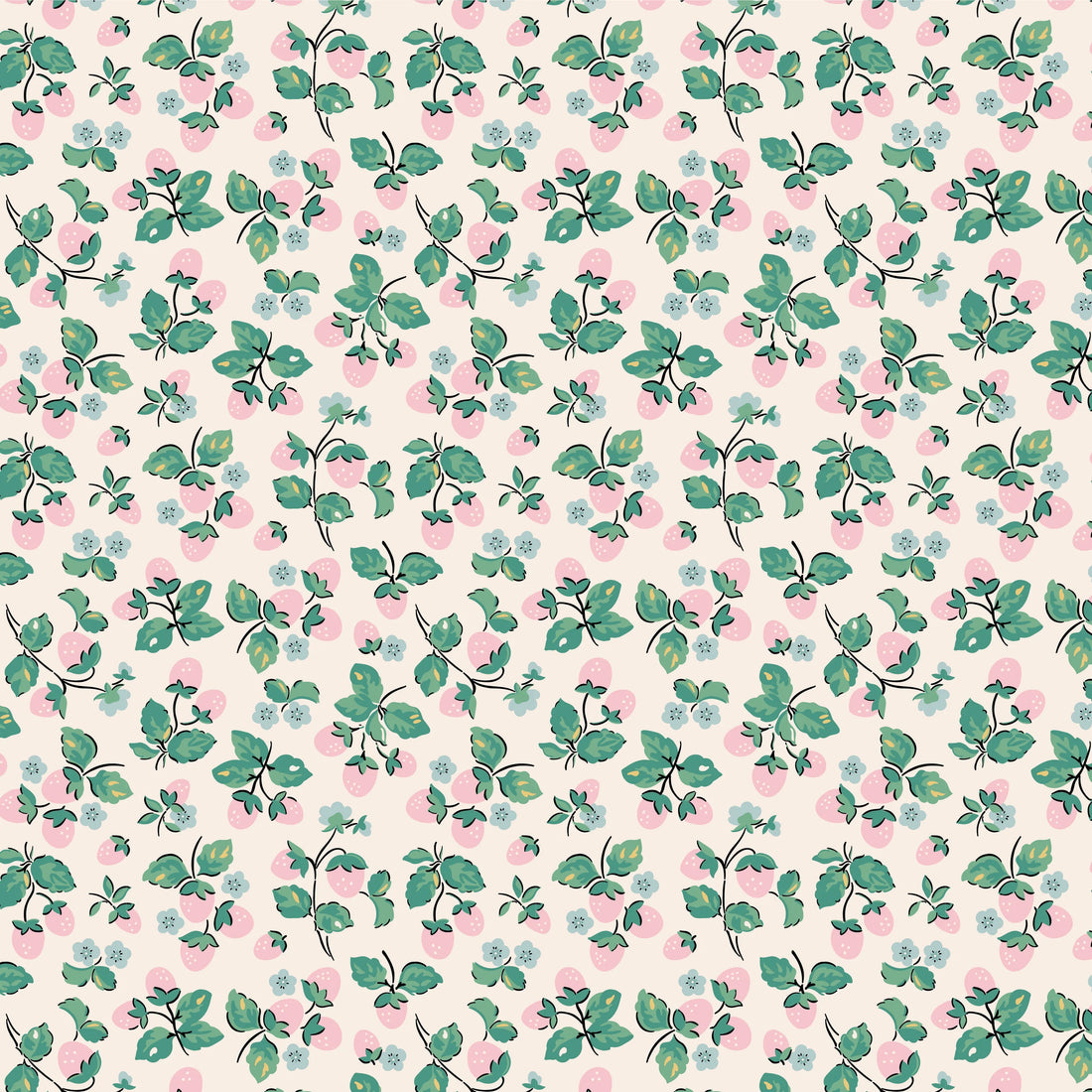 Fabric swatch pink strawberry with green leaves on cream background