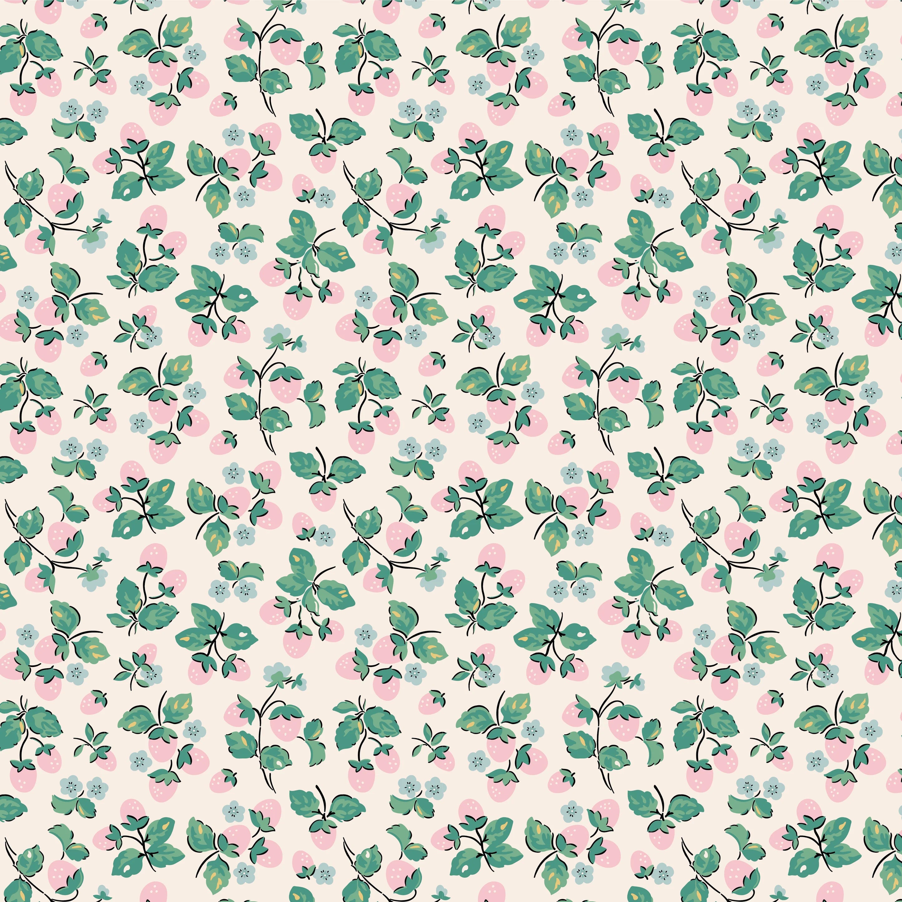 Fabric swatch pink strawberry with green leaves on cream background