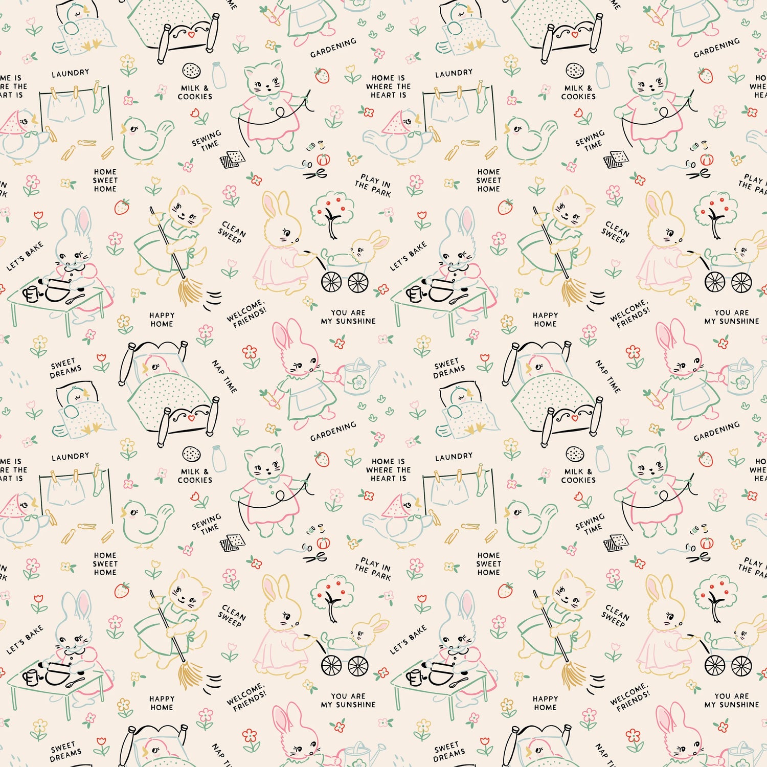 Fabric swatch cute animals doing chores at home on cream background