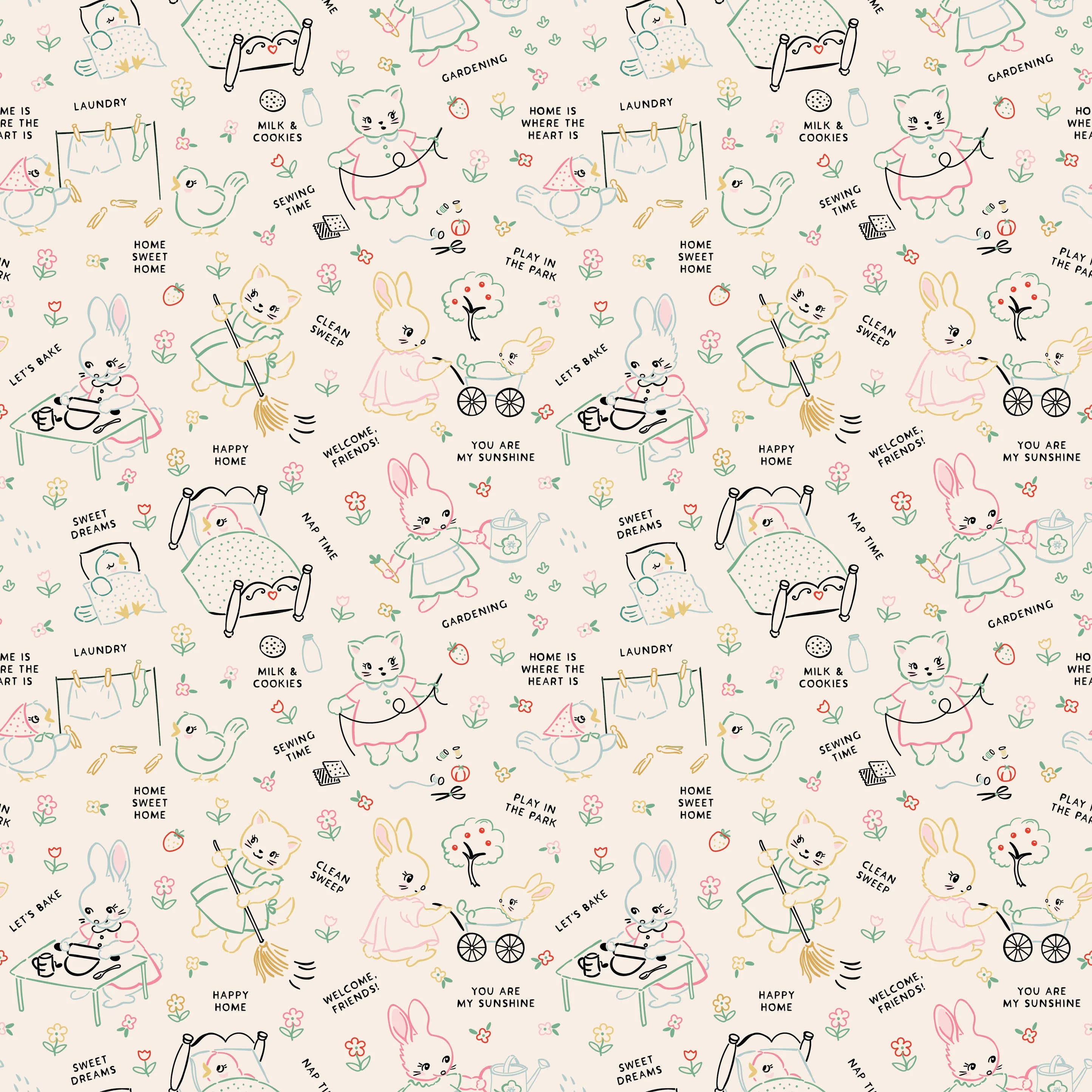 Fabric swatch cute animals doing chores at home on cream background