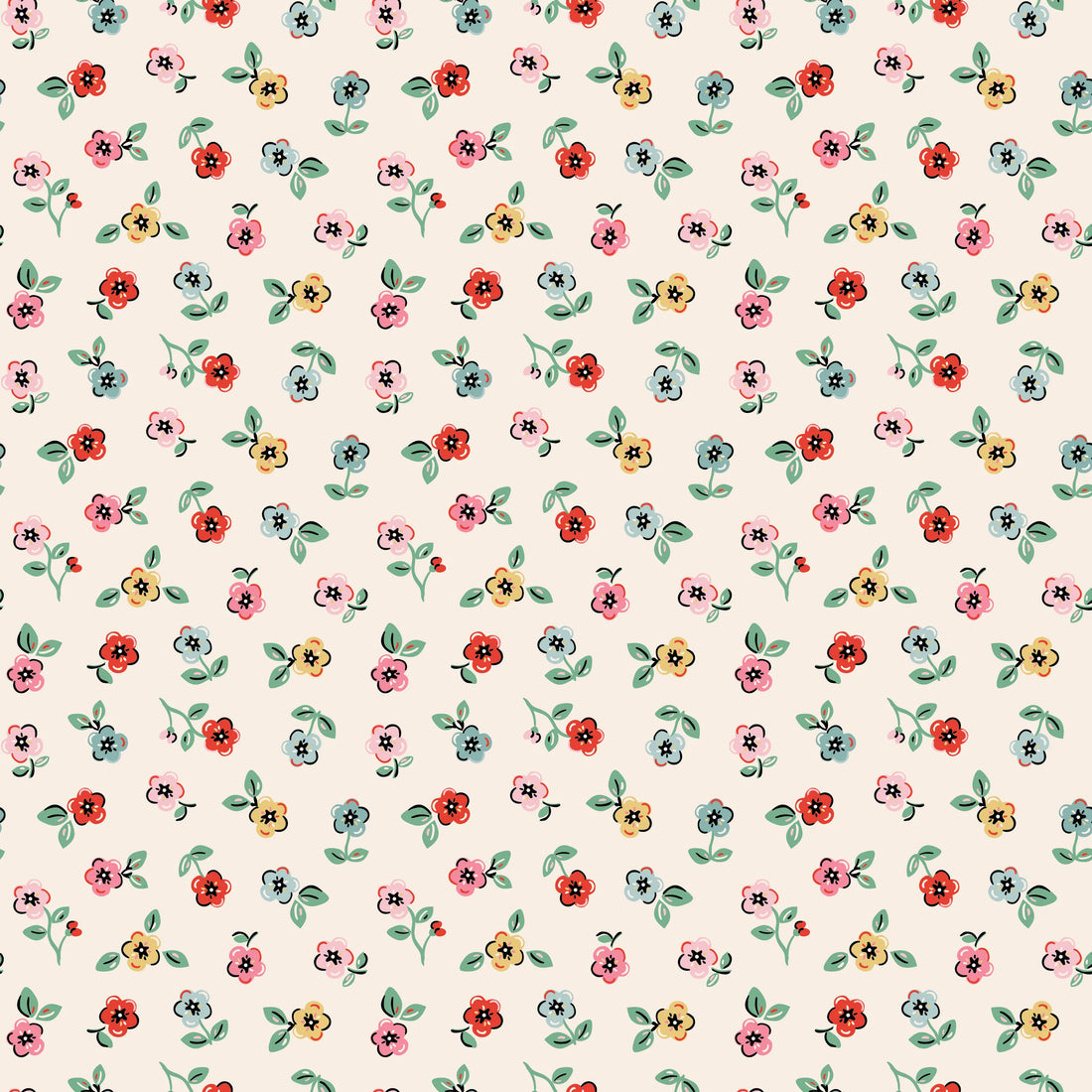 Fabric swatch small pink red yellow flowers with leaves on cream background