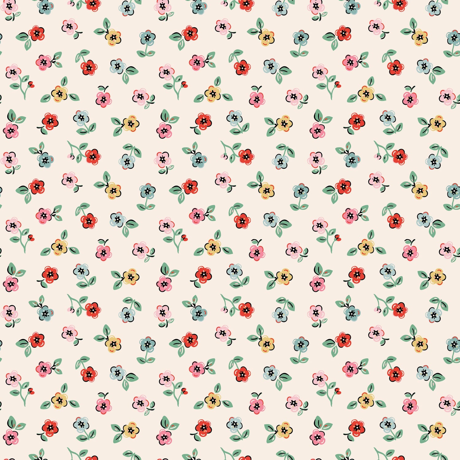 Fabric swatch small pink red yellow flowers with leaves on cream background