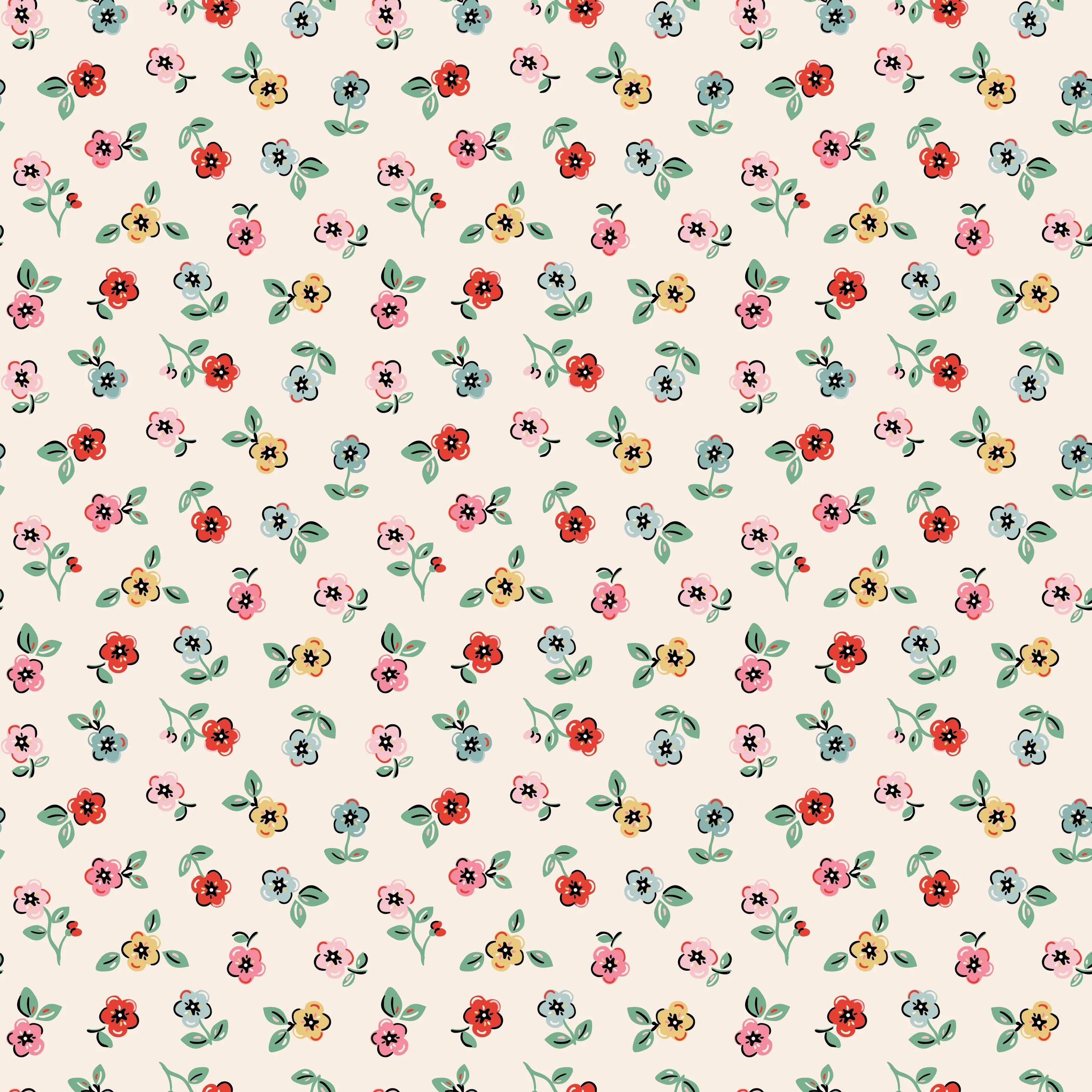 Fabric swatch small pink red yellow flowers with leaves on cream background